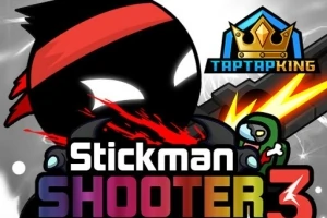 En sort stickman-figur med rød bandana og gevær står foran en fjende med teksten Stickman Shooter 3 og et krone-logo