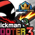 En sort stickman-figur med rød bandana og gevær står foran en fjende med teksten Stickman Shooter 3 og et krone-logo