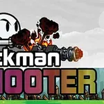 En tegnet stregmand med et stort skydevåben, der affyrer en eksplosion, med teksten Stickman Shooter i forgrunden