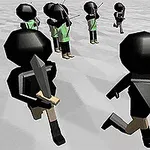 En gruppe af sorte, geometriske figurer i rustninger, hvor nogle bærer sværd og skjold, løber hen over en grå overflade