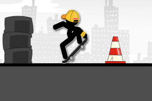 En sort silhuetfigur på skateboard med gul hjelm springer over en orange og hvid kegle foran en baggrund af bygningssilhuetter