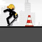 En sort silhuetfigur på skateboard med gul hjelm springer over en orange og hvid kegle foran en baggrund af bygningssilhuetter