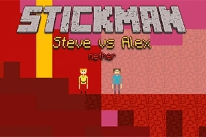 To figurer står på en pixel-art platform med teksten Stickman Steve vs Alex øverst