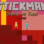 To figurer står på en pixel-art platform med teksten Stickman Steve vs Alex øverst