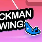 En blå stregfigur, der svinger fra en hvid linje, mod en lyserød baggrund med teksten Stickman Swing