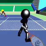 To tegnede figurer spiller tennis på en blå tennisbane i et stadion
