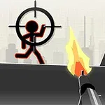 En skydespilscene med en stiliseret stregfigur i et sigtekorn og et gevær, der skyder med flammer