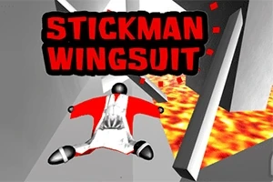 En stregmandsfigur iført rød wingsuit svæver mellem grå strukturer over et landskab med lava, med teksten Stickman Wingsuit øverst