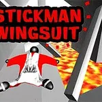 En stregmandsfigur iført rød wingsuit svæver mellem grå strukturer over et landskab med lava, med teksten Stickman Wingsuit øverst