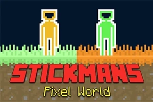 To stiliserede figurer i gul og grøn står overfor hinanden på en pixelverden baggrund med teksten STICKMANS Pixel World i røde og gule bogstaver