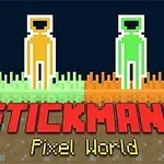 To stiliserede figurer i gul og grøn står overfor hinanden på en pixelverden baggrund med teksten STICKMANS Pixel World i røde og gule bogstaver