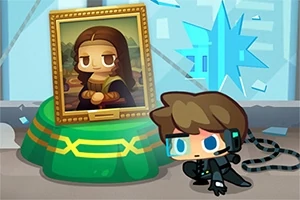 En lille tegneserieagent i sort jakkesæt og headset sniger sig forbi et karikeret maleri af Mona Lisa på piedestal i et rum med et knust vindue