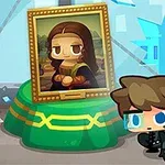 En lille tegneserieagent i sort jakkesæt og headset sniger sig forbi et karikeret maleri af Mona Lisa på piedestal i et rum med et knust vindue