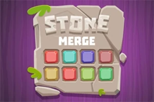 En grå stenplade med teksten STONE MERGE over ni farvede blokke mod en lilla baggrund