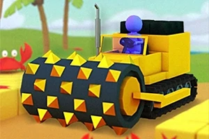 En lilla figur sidder i en gul bulldozer med et stort, pigget rullehjul i en farverig, tegneserieagtig landskab med palmer og en krabbe i baggrunden