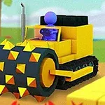 En lilla figur sidder i en gul bulldozer med et stort, pigget rullehjul i en farverig, tegneserieagtig landskab med palmer og en krabbe i baggrunden