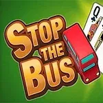 Teksten Stop the Bus vises sammen med en rød dobbeltdækkerbus og tre spillekort (dame, konge, es) med grøn baggrund