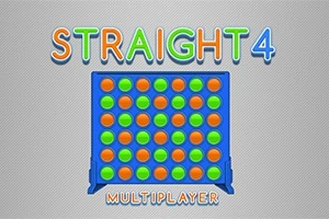 Blå spillebræt med orange og grønne brikker samt farverig tekst STRAIGHT 4 og MULTIPLAYER