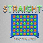 Blå spillebræt med orange og grønne brikker samt farverig tekst STRAIGHT 4 og MULTIPLAYER