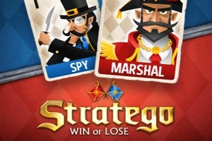 To spillekort med illustrationer af henholdsvis en spion og en marskal over teksten Stratego Win or Lose på en rød baggrund