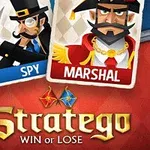 To spillekort med illustrationer af henholdsvis en spion og en marskal over teksten Stratego Win or Lose på en rød baggrund