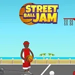 En tegnet basketballspiller i rødt tøj står med en bold på en udendørs bane nær stranden med en basketballkurv i baggrunden og teksten Street Ball Jam