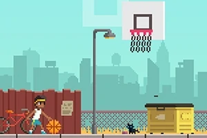 En pixel-grafik viser en dreng med et basketball i en bymæssig baggrund ved siden af en cykel, en skraldespand og en basketballkurv