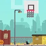 En pixel-grafik viser en dreng med et basketball i en bymæssig baggrund ved siden af en cykel, en skraldespand og en basketballkurv