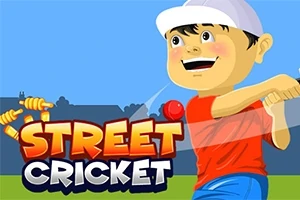 Tegneseriefigur iført rød t-shirt og kasket, der svinger et cricketbat, med teksten Street Cricket i forgrunden