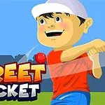 Tegneseriefigur iført rød t-shirt og kasket, der svinger et cricketbat, med teksten Street Cricket i forgrunden
