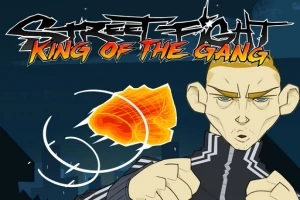 Animeret person med kort hår og beslutsomt udtryk foran en mørk baggrund, tekst Street Fight King of the Gang øverst