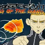 Animeret person med kort hår og beslutsomt udtryk foran en mørk baggrund, tekst Street Fight King of the Gang øverst