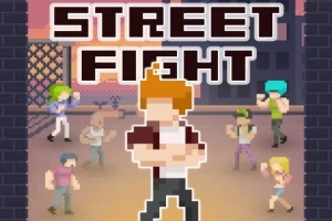 Pixelgrafik af en rødblond mand i forgrunden med krydsede arme, omgivet af flere figurer i kampstillinger, med teksten STREET FIGHT øverst