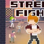 Pixelgrafik af en rødblond mand i forgrunden med krydsede arme, omgivet af flere figurer i kampstillinger, med teksten STREET FIGHT øverst