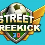 Et emblem med en fodbold, teksten Street Freekick 3D og gyldne vinger på en blå baggrund