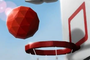 Rød, geometrisk bold svæver over en basketballkurv mod en lys blå himmel