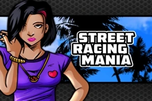 Tegneseriefigur med sort hår og lilla t-shirt, samt teksten Street Racing Mania foran et palmetræsbagtæppe