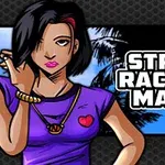 Tegneseriefigur med sort hår og lilla t-shirt, samt teksten Street Racing Mania foran et palmetræsbagtæppe