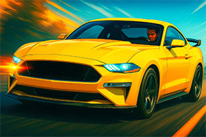 Gul sportsvogn kører hurtigt på en vej med en drivende fører bag rattet