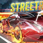 En rød sportsvogn omgivet af flammer med teksten Streetrace Fury henover billedet