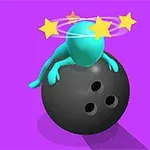 Blå figur sidder på en sort bowlingkugle med stjerner, der kredser om hovedet, på lilla baggrund
