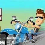 En tegneseriefigur iført solbriller kører en blå motorcykel med teksten Stud Rider i baggrunden