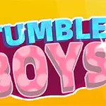 Farverigt logo med teksten Stumble Boys i blå og lyserød på gul baggrund, samt en lille person i hjørnet