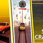 En bil kører på en vej med en hastighedsmåler og teksten Stunt Crasher