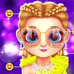 Tegnet figur med flettet hår, store briller og smykker, omgivet af farverige baggrundseffekter og emojis