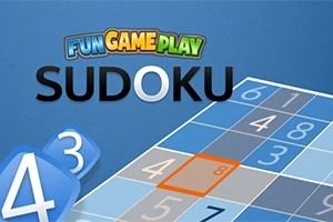 Blå Sudoku-bræt med tal og teksten Fun Game Play Sudoku øverst