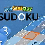 Blå Sudoku-bræt med tal og teksten Fun Game Play Sudoku øverst
