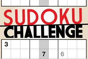 Tekstens Sudoku Challenge i rød og sort skrifttype over et delvist udfyldt Sudoku-gitter