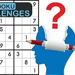 Et delvist udfyldt sudoku-puslespil ved siden af en blå silhuet af et hoved med en blyant og et spørgsmålstegn