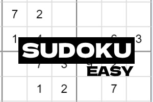 Et delvist udfyldt gitter med tal og teksten SUDOKU EASY i sorte bogstaver i midten